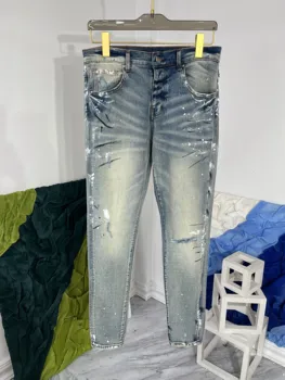 2023 Летние шикарные мужские джинсы в корейском стиле Высокого качества с принтом, Модные повседневные джинсовые брюки C535