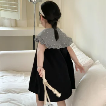 Летнее Платье без рукавов с большим отложным воротником для маленьких девочек 2023 года, тонкое стильное детское хлопковое дышащее платье
