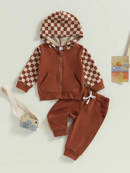 Милый комплект толстовки с капюшоном и штанами на молнии в клетку с рисунком для маленьких мальчиков и девочек - стильная осенне-зимняя одежда