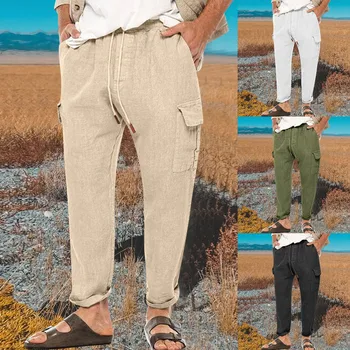 Мужские весенне-осенние льняные брюки-карго в европейском и американском стиле с множеством карманов, Повседневные брюки