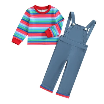 Осенняя одежда для малышей из 2 предметов, топы в полоску с длинными рукавами и штаны на подтяжках, комплект для косплея малыша